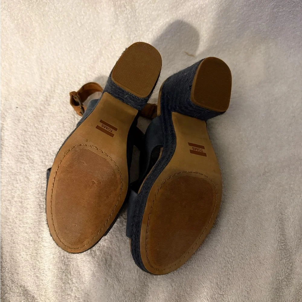 Toms Navy Blue Suede Espadrille Block Heel Sandals with Brown Leather Strap